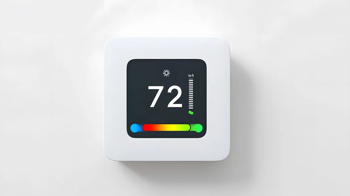 Bimetál termosztát digitális kijelzővel, hőmérséklet 72 fokon.