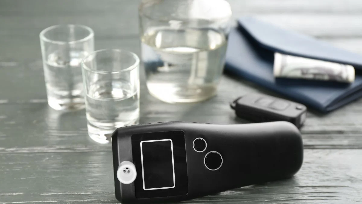 Egy digitális alkoholszonda, víz és egy kulcstartó mellett, biztonságos vezetéshez.
