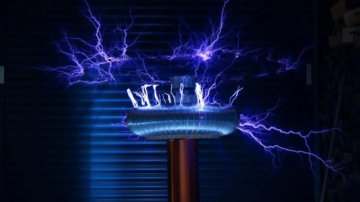 Egy Tesla tekercs, amelyből elektromos ívek és szikrák származnak, sötét háttér előtt.