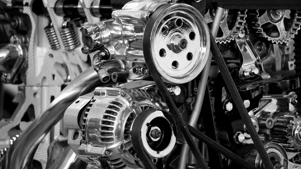 Egy MPI motor részletei, fényes fém alkatrészekkel és szíjakkal.