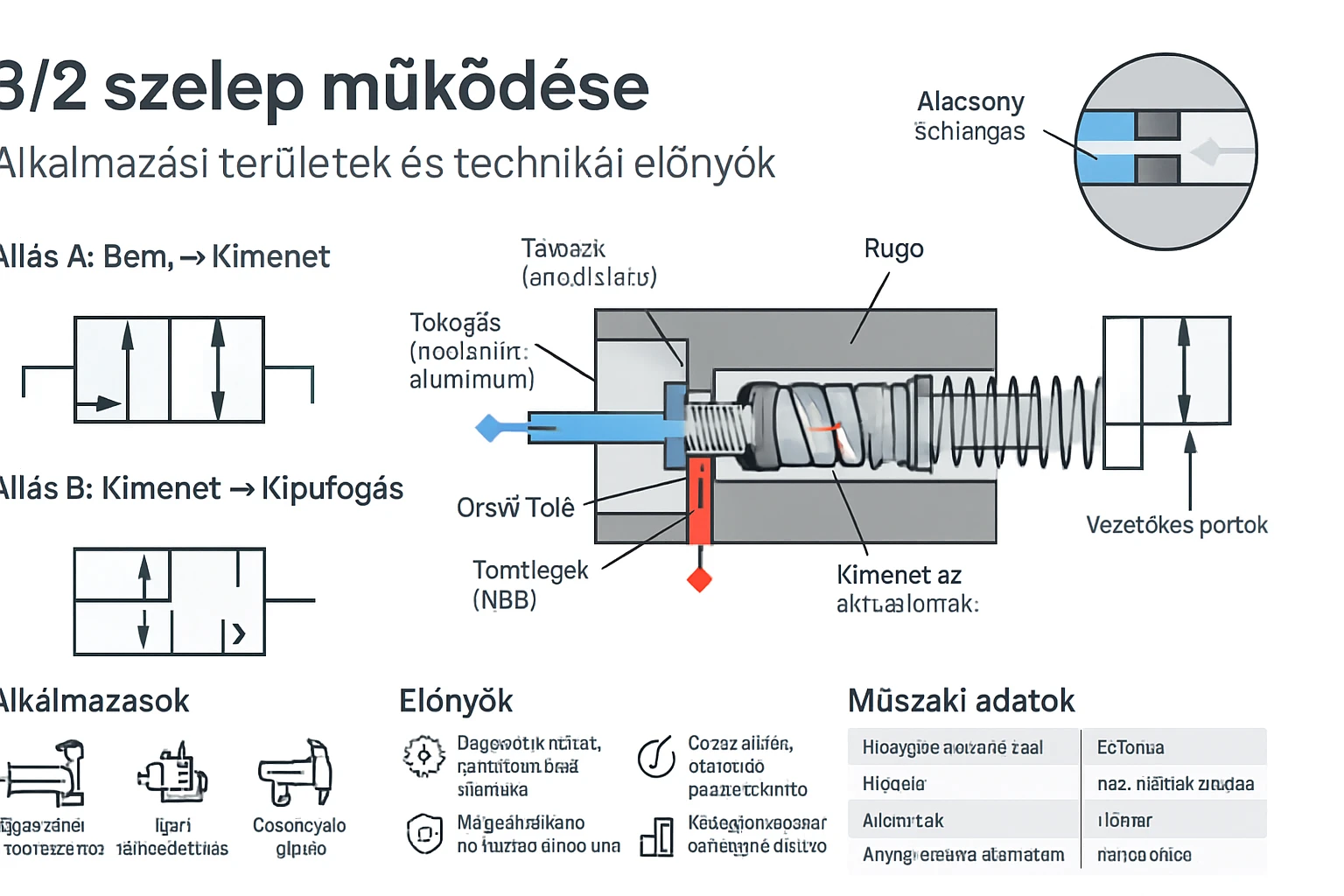 A 3/2 szelepek működését bemutató diagram, különböző állapotokkal és alkatrészekkel.