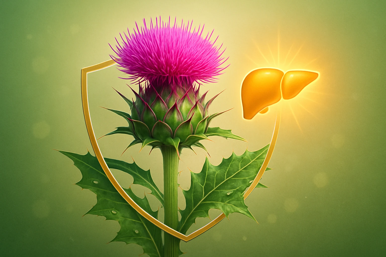 Máriatövis: A máj és epe természetes védelmezője 6 Egy bogáncs virág, amely mellett egy sárga máj szimbólum látható, zöld háttér előtt.