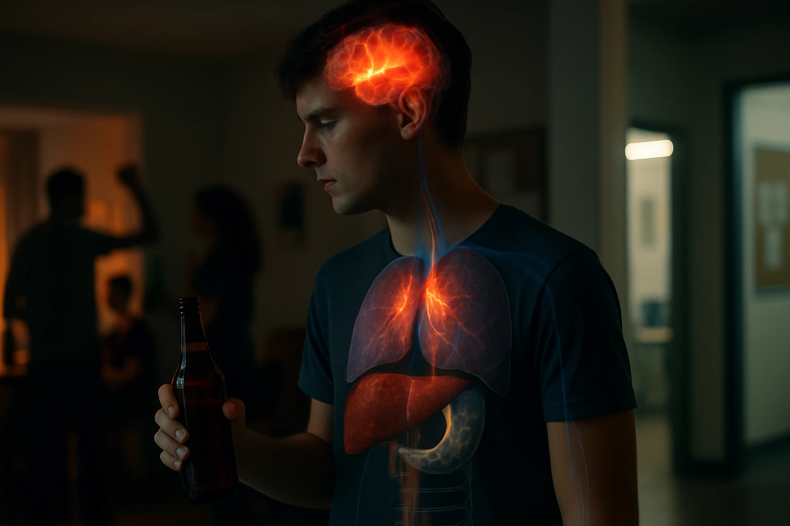 Alkohol és a fiatal szervezet – veszélyek és hatások 8 Egy fiatal férfi sötét háttérben, kezében üveg sörrel, a testén látható a belső szerveit ábrázoló grafika.