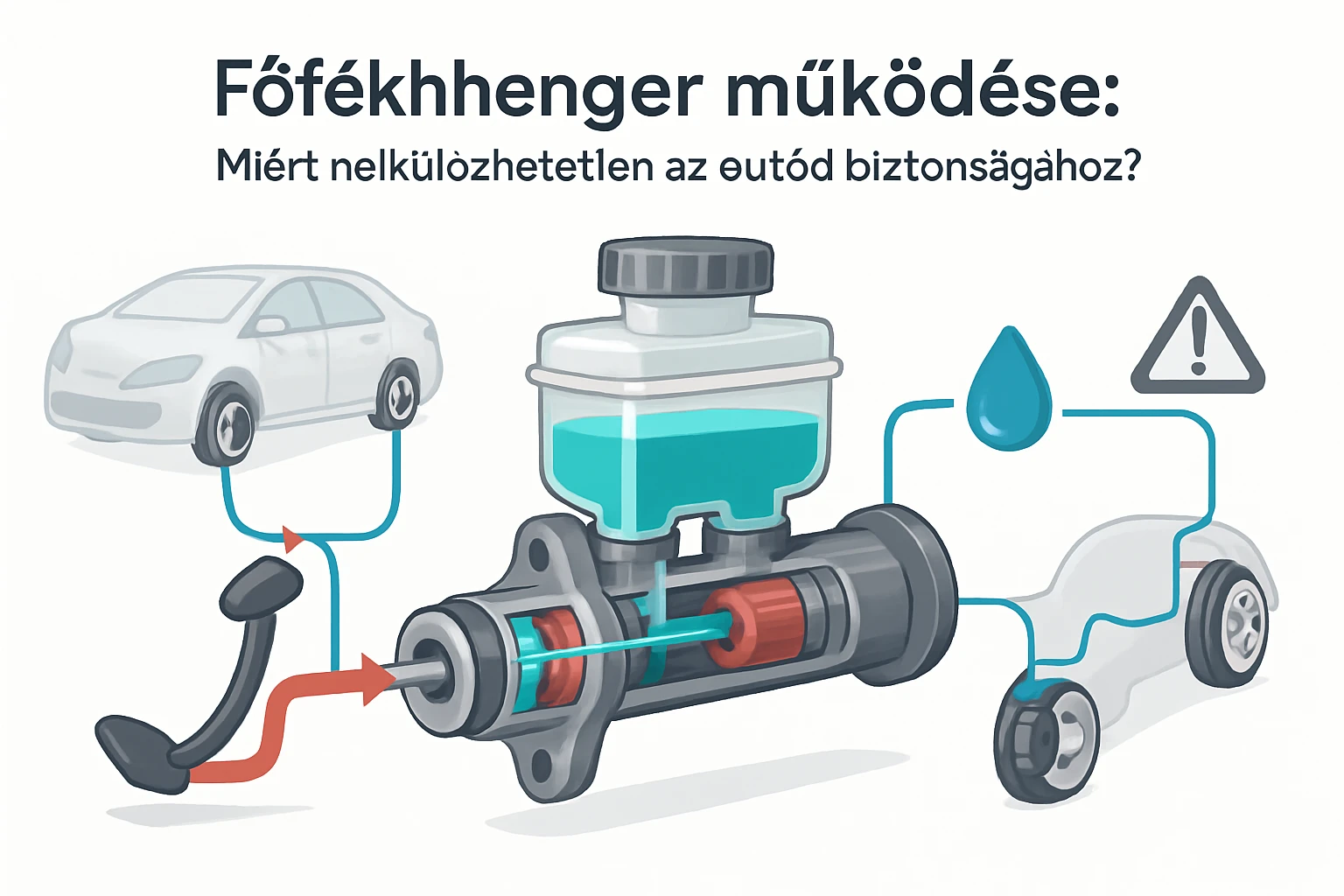 Főfékhenger működését bemutató illusztráció, autó és fékfolyadék ábrázolásával.