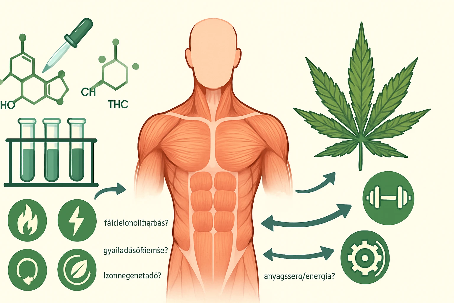 Egy emberi test ábrázolása, mellette kannabisz és vegyi elemek.