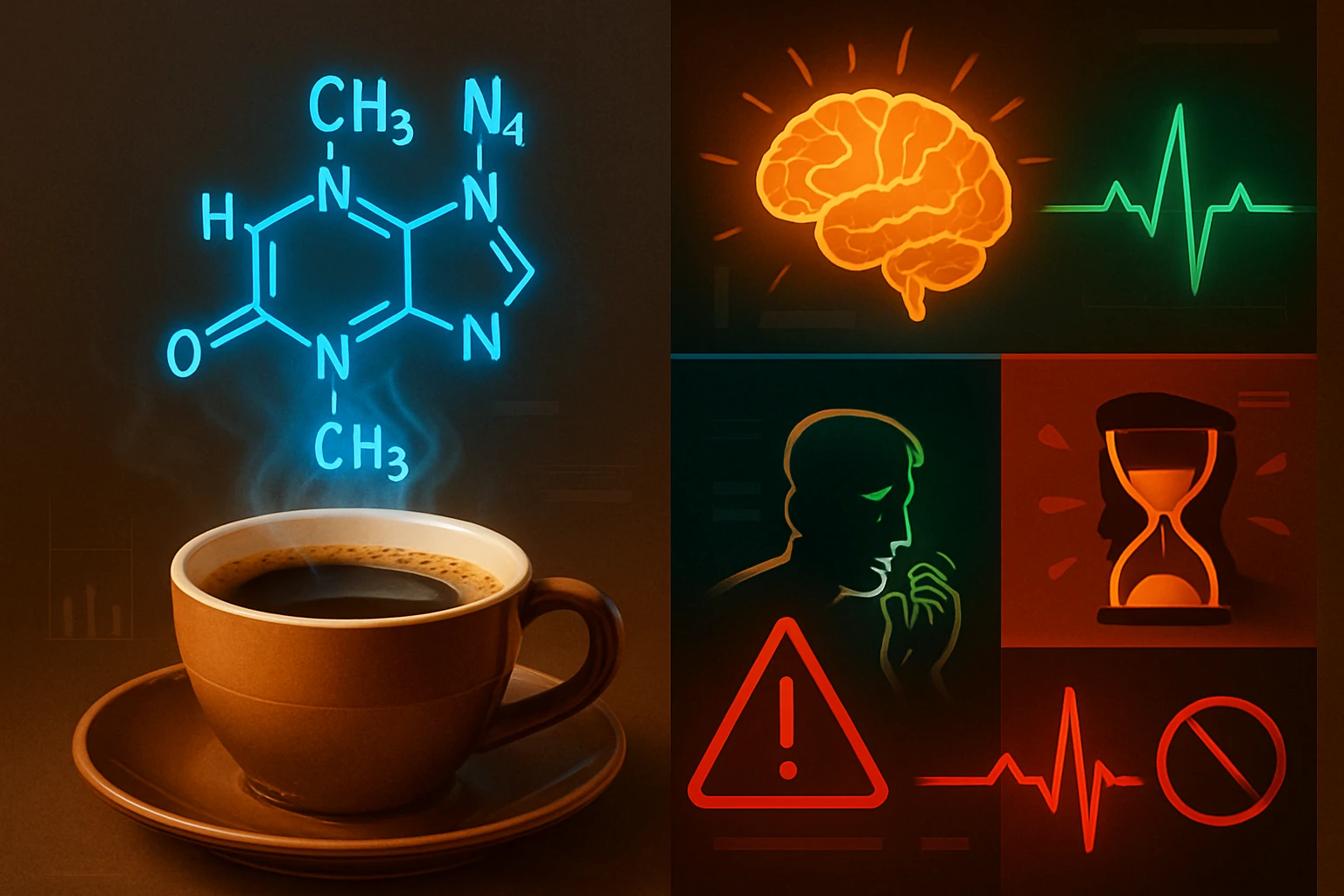 Egy csésze kávé felett kémiai képlet látható, mellette agy és élethullám ikonok.