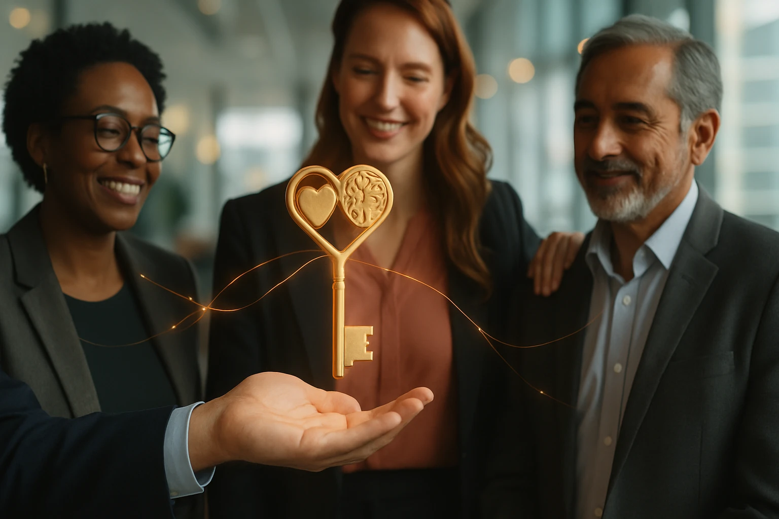 Érzelmi intelligencia – a siker kulcsa a munkahelyen és az életben 2 Egy arany kulcs lebeg egy kéz felett, szív és agy motívummal díszítve.