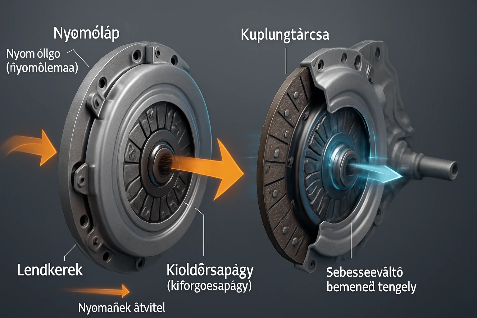 A kuplung alkatrészei, beleértve a nyomólábat és a kuplungtárcsát, ábrázolva.