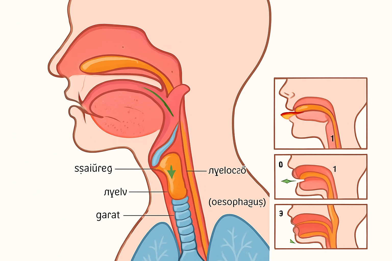 A légző- és emésztőrendszer részei, beleértve a nyelőcsövet és a garatot.