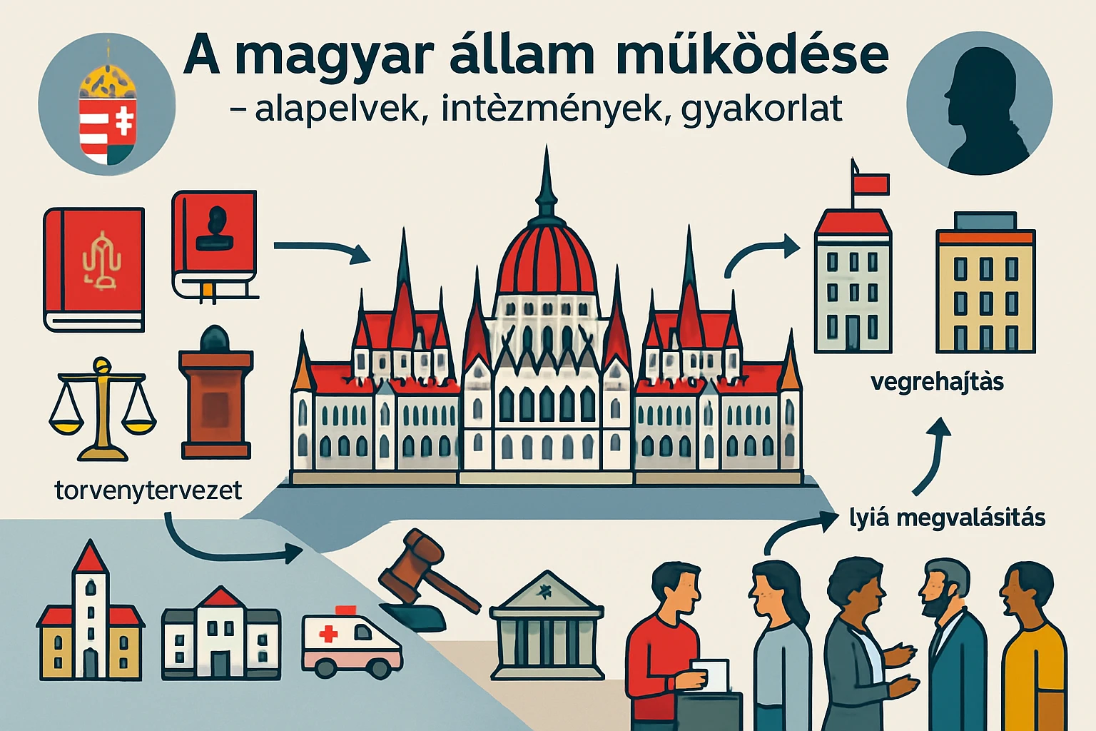 A magyar állam működése – alapelvek, intézmények, gyakorlat 2 A magyar állam működését bemutató illusztráció, jogi és intézményi elemekkel.