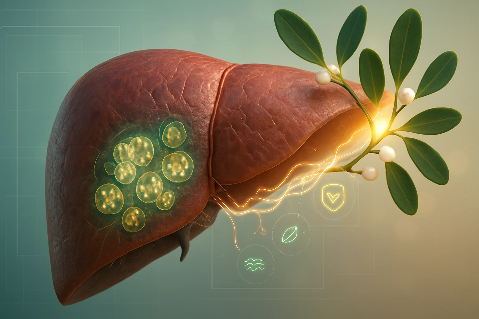 Fagyöngy – hogyan támogatja a máj regenerálódását 6 Egy emberi máj, amelyből zöld növények és fények áradnak ki, szimbolizálva az egészséget.