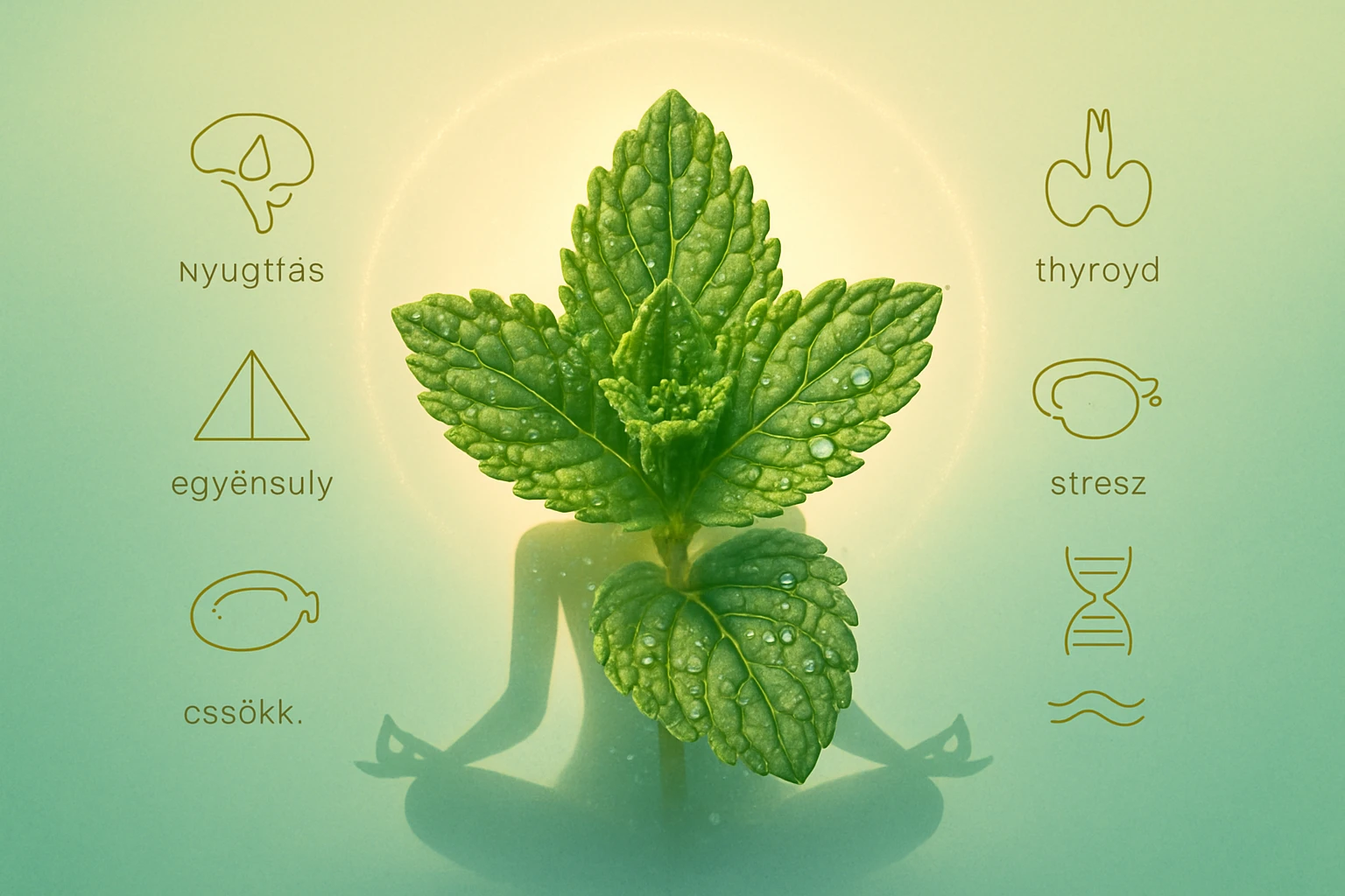 Friss menta levél, háttérben meditáló figura és szimbólumok a stressz csökkentéséről.