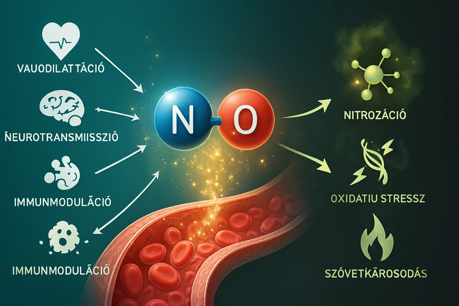 Nitrogén-oxid molekula és hatásai, mint a vasodilatáció és immunmoduláció.