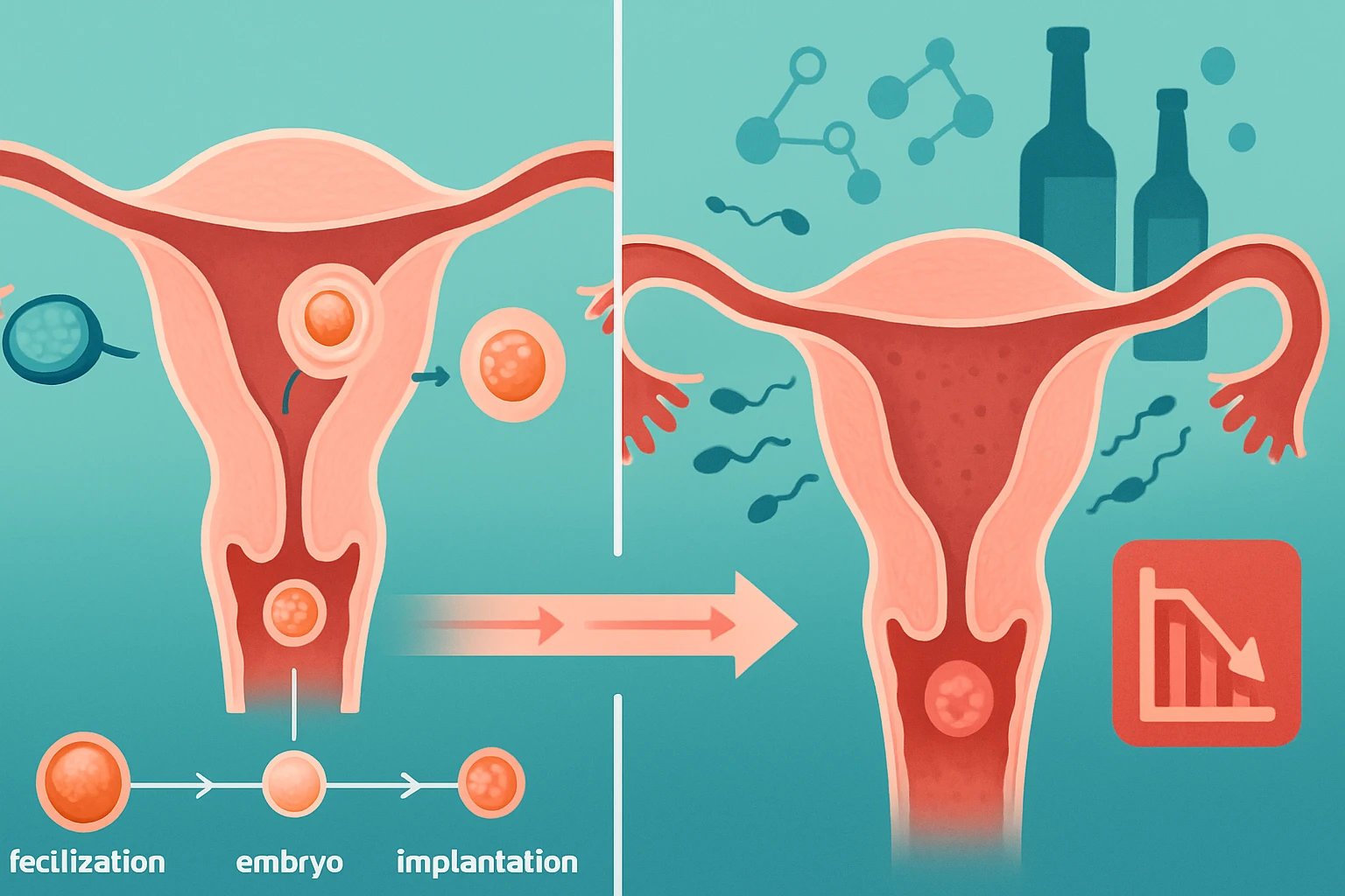 A női reproduktív rendszer ábrázolása, bemutatva a megtermékenyítést és beágyazódást.
