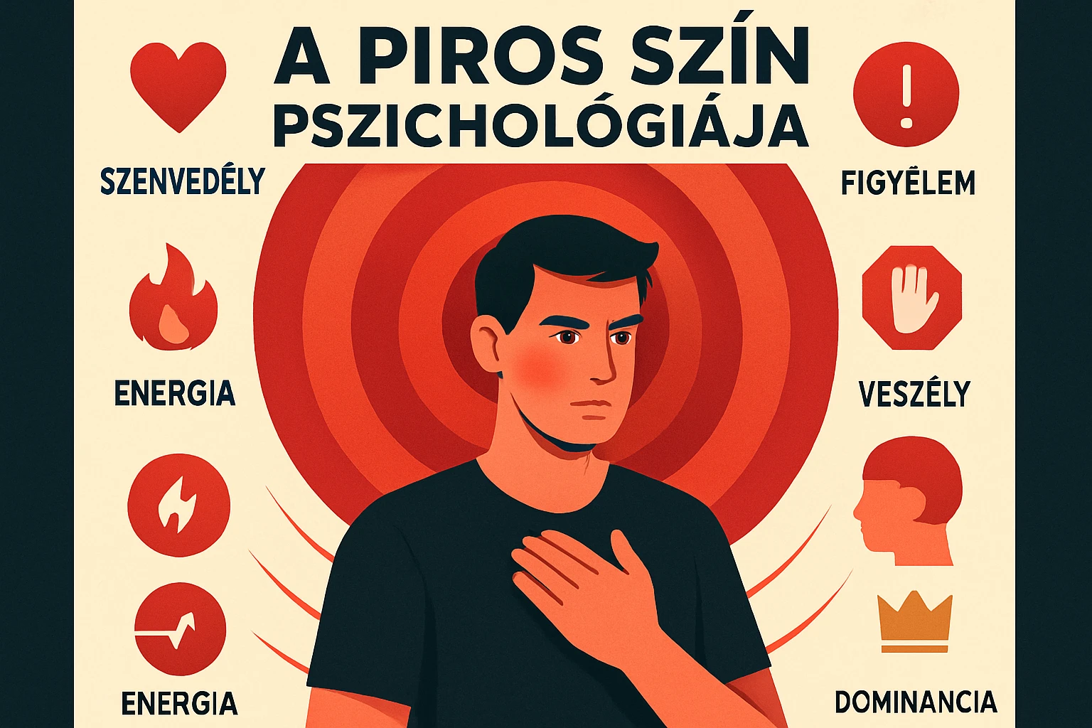 A piros szín pszichológiája: Hogyan hat az érzelmeidre és viselkedésedre? 31 Egy férfi áll a piros szín pszichológiáját bemutató grafika előtt.