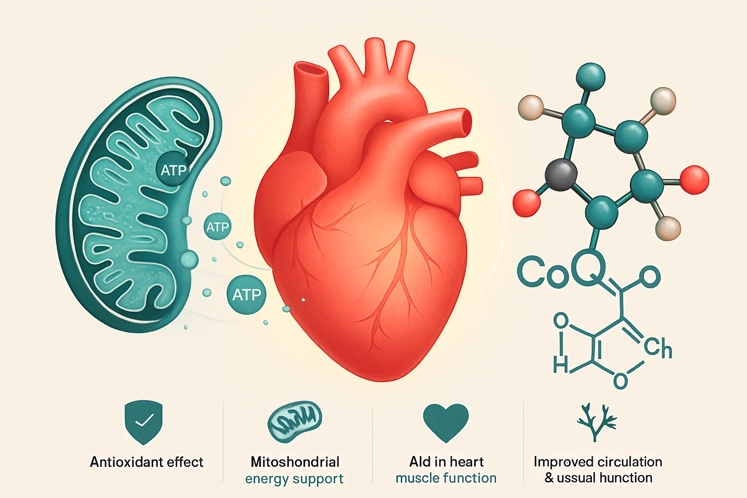 Egy színes illusztráció a mitokondriumról és a szív működéséről, ATP molekulákkal.
