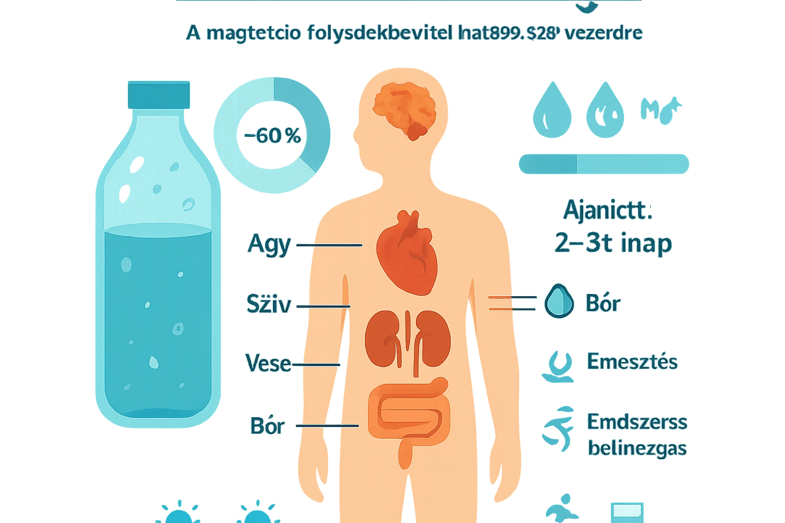 Hidratálás fontossága: A megfelelő folyadékbevitel hatása szervezetedre 59 Egy emberi test sziluettje, mellette vízpalack és a vízfogyasztás fontosságát bemutató grafika.