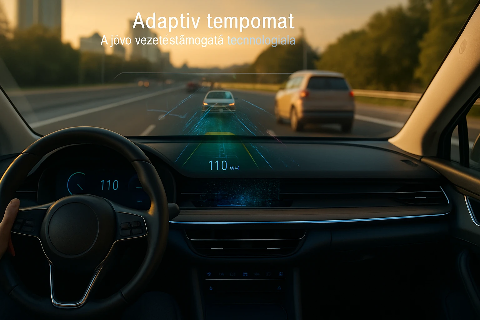 A vezető kezében a kormány, a műszerfalon adaptív tempomat kijelzője látható.
