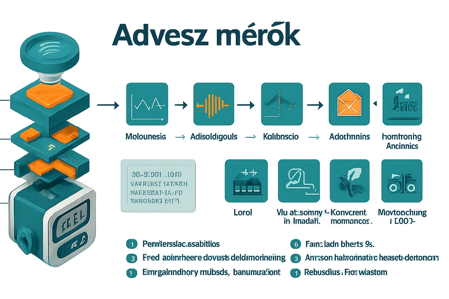 Advesz mérők folyamatait bemutató grafika, különböző lépésekkel és ikonokkal.