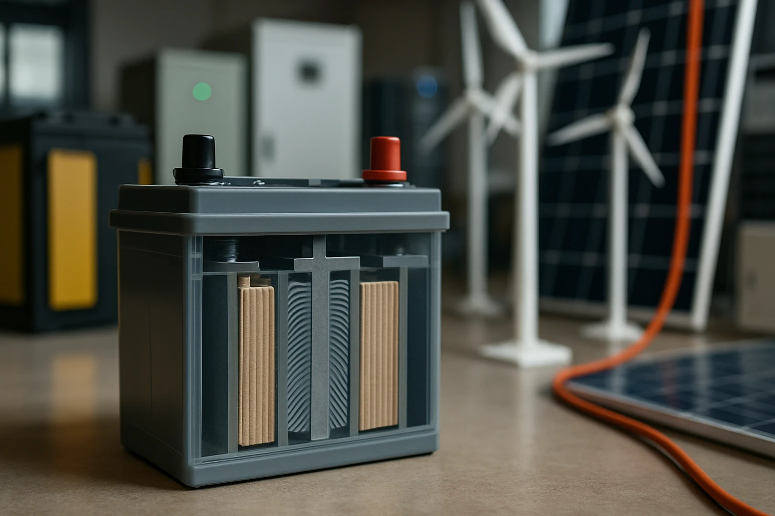 Egy szürke akkumulátor, amelynek belseje látható, háttérben napelemek és szélturbinák.
