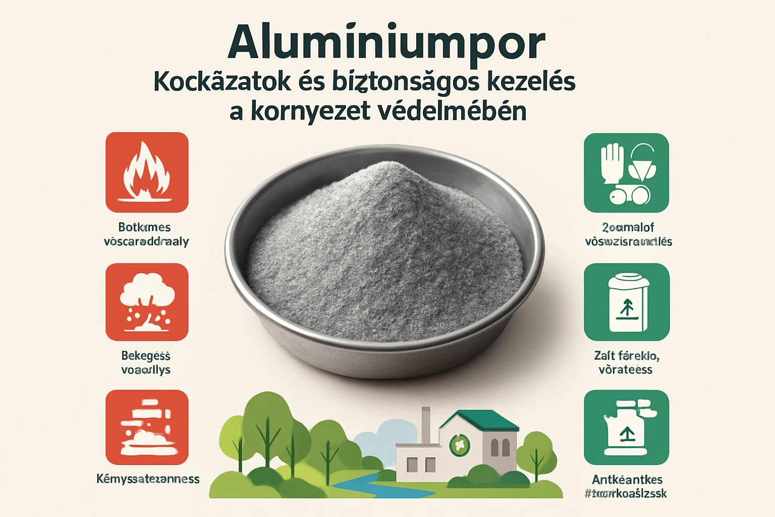 Egy fém tálban lévő alumíniumpor, környezetvédelmi ikonokkal körülvéve.