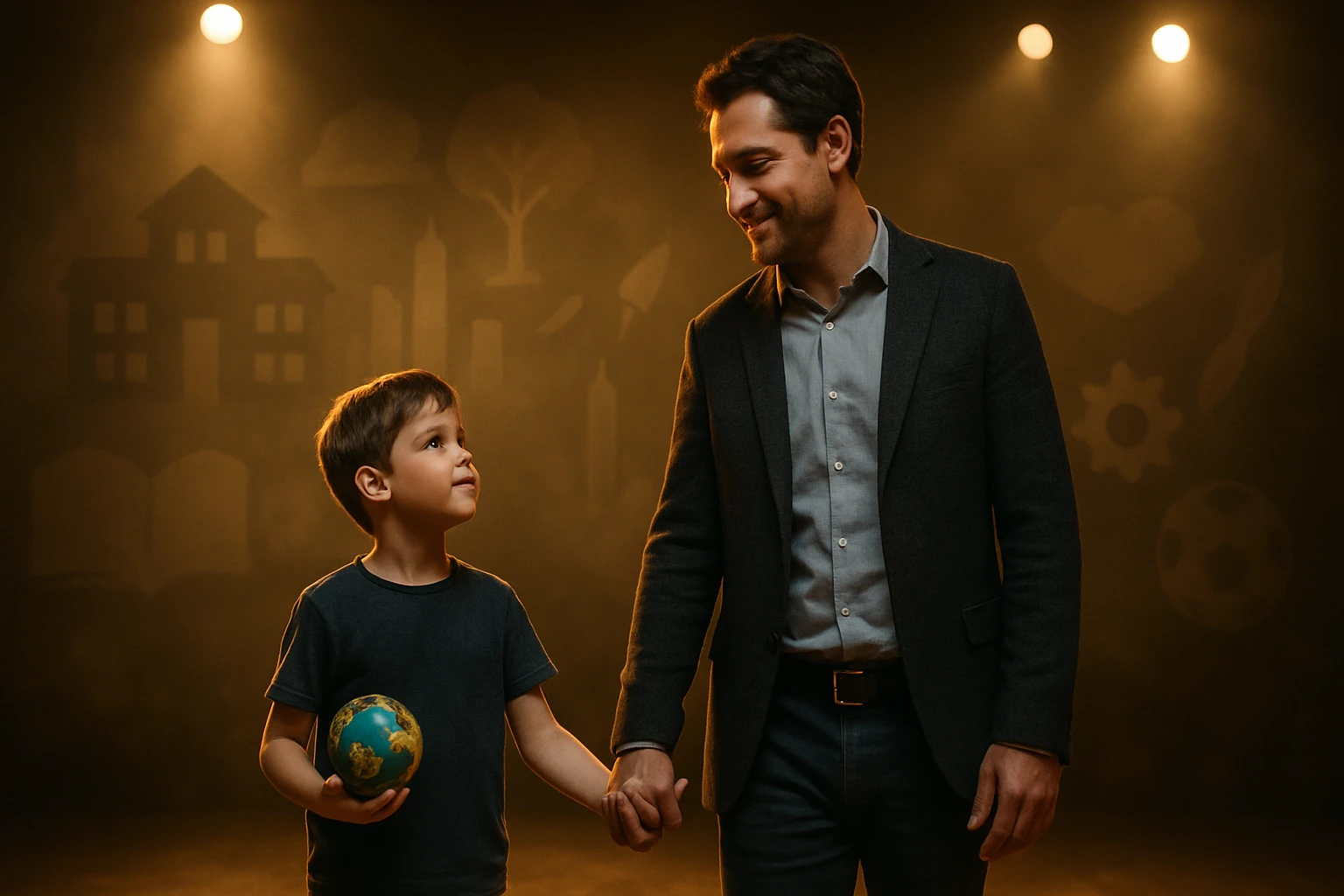 Apák a porondon – hogyan formálja az apa a gyermek jövőjét 4 Egy kisfiú a földgömböt tartja, miközben apjával kézen fogva állnak.