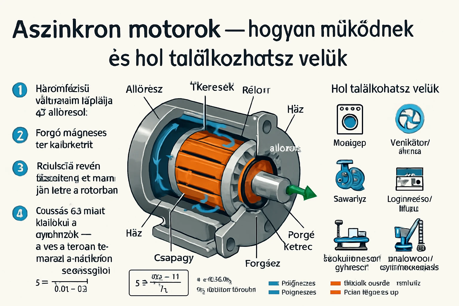 Aszinkron motorok – hogyan működnek és hol találkozhatsz velük 2 Aszinkron motor belső felépítése, alkatrészekkel és működési elvvel.