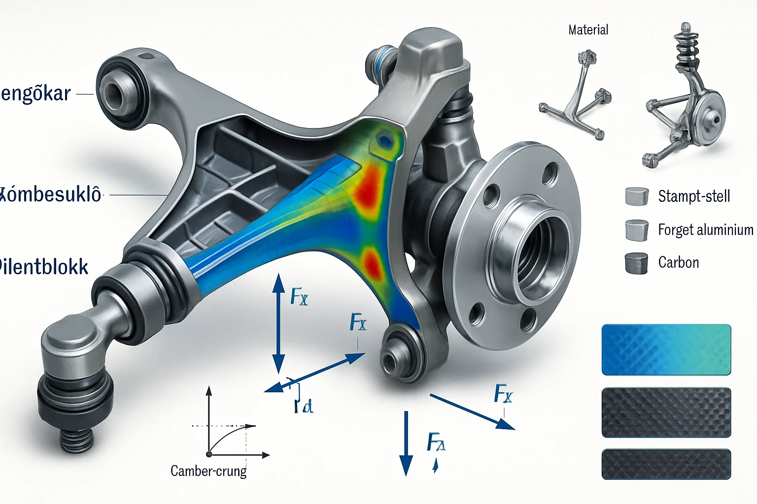 Egy autó felfüggesztési alkatrésze, amely különböző anyagokból készült, színes terhelés-eloszlással.