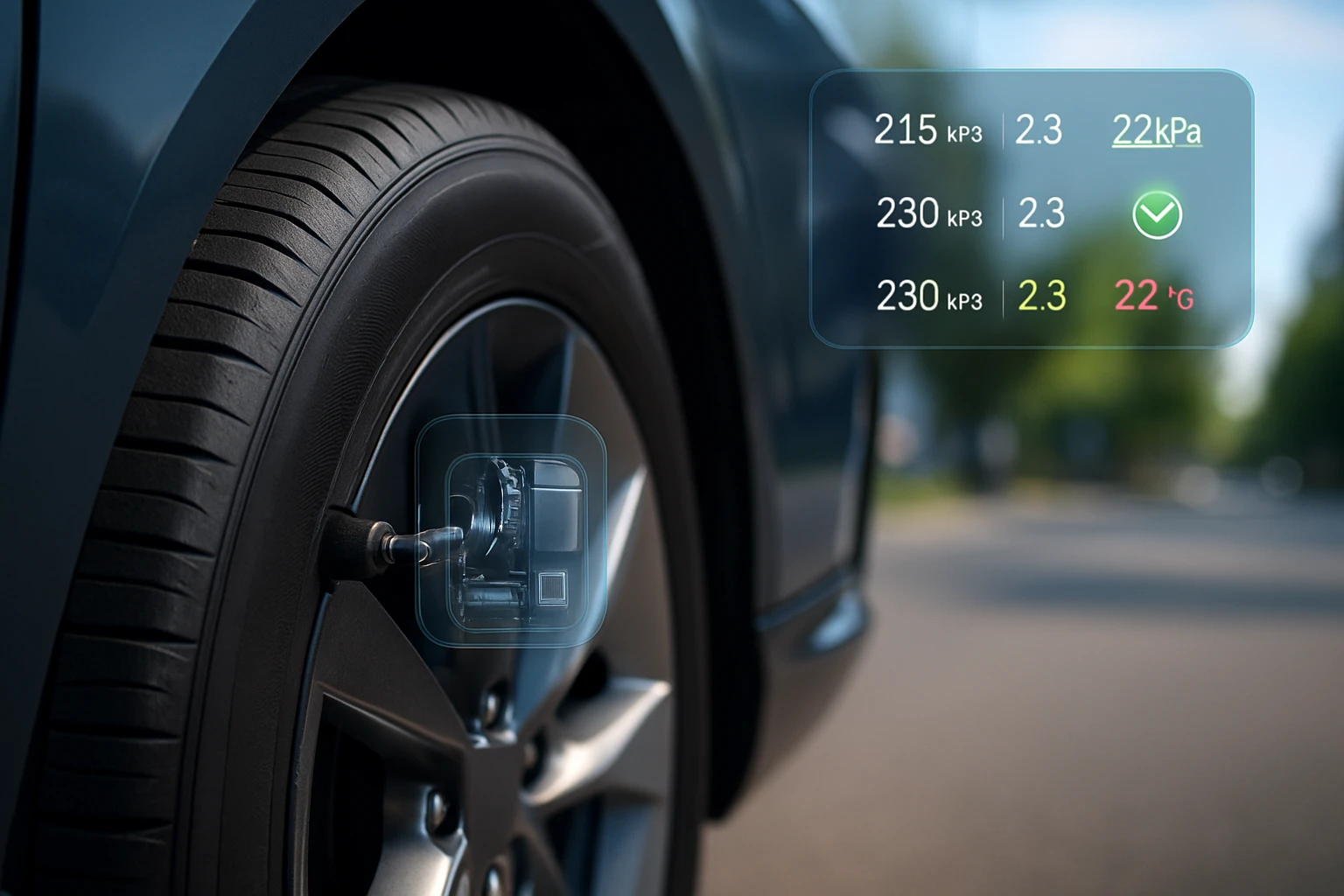 Egy autó kereke, amelyen a légnyomás és hőmérséklet adatai láthatók.
