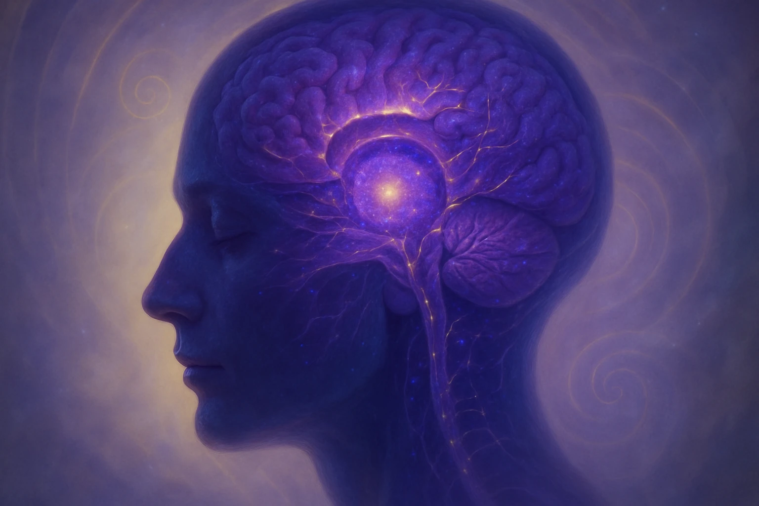 Tobozmirigy: Az alvás, intuíció és tudatosság központja a testedben 59 Egy emberi profil, amelynek agya lila színben ragyog, energikus idegpályákkal.