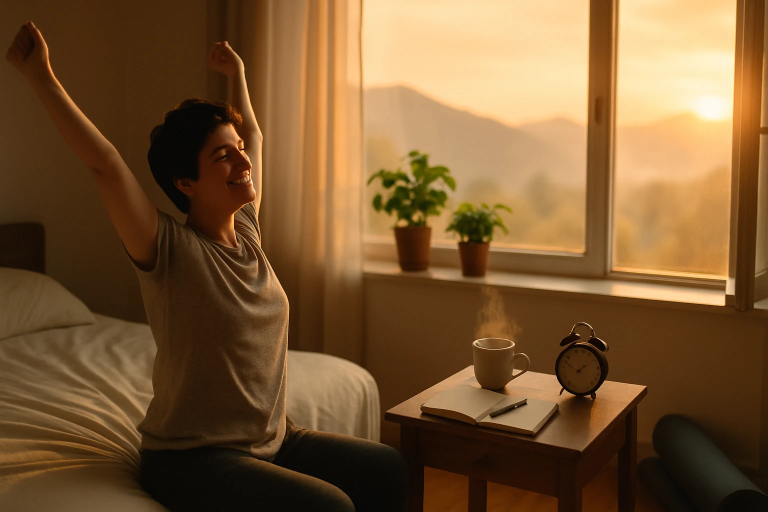 Korai kelés – hogyan teheti teljesebbé az életed 2 Egy fiatal nő boldogan ébred, karjait a levegőbe emeli, napfényben.