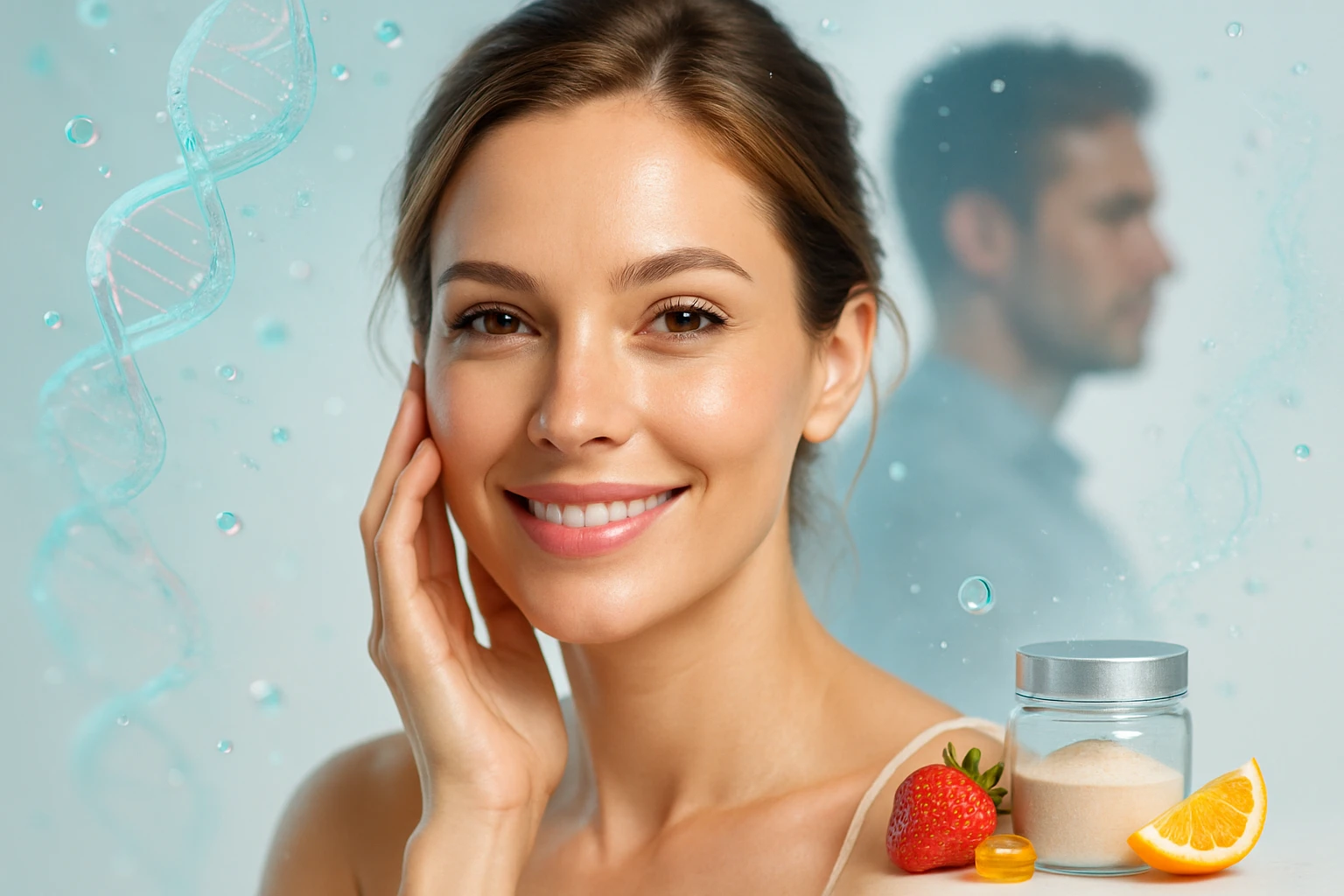 Kollagén: A fiatalság és vitalitás titka – Miért nélkülözhetetlen? 65 Egy fiatal nő mosolyog, kezével az arcát simogatja, háttérben férfi és bőrápolási termékek láthatók.