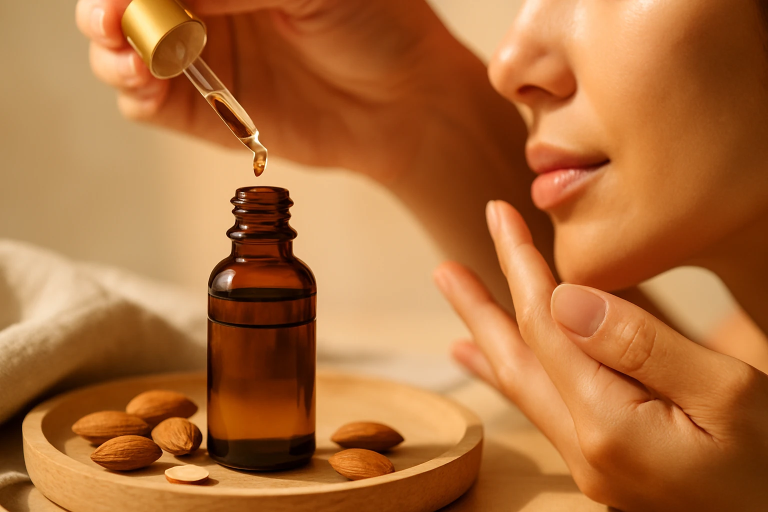 Egy nő az arcbőrére csepegtet egy olajat egy barna üveg pipettájával.