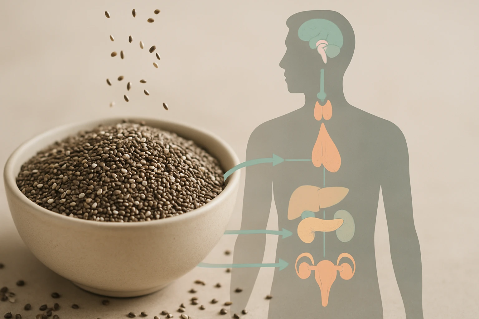 Chia mag – hogyan hat a hormonrendszeredre 6 Egy tálban chia magok láthatók, felette pedig az emberi test sziluettje és belső szervei.