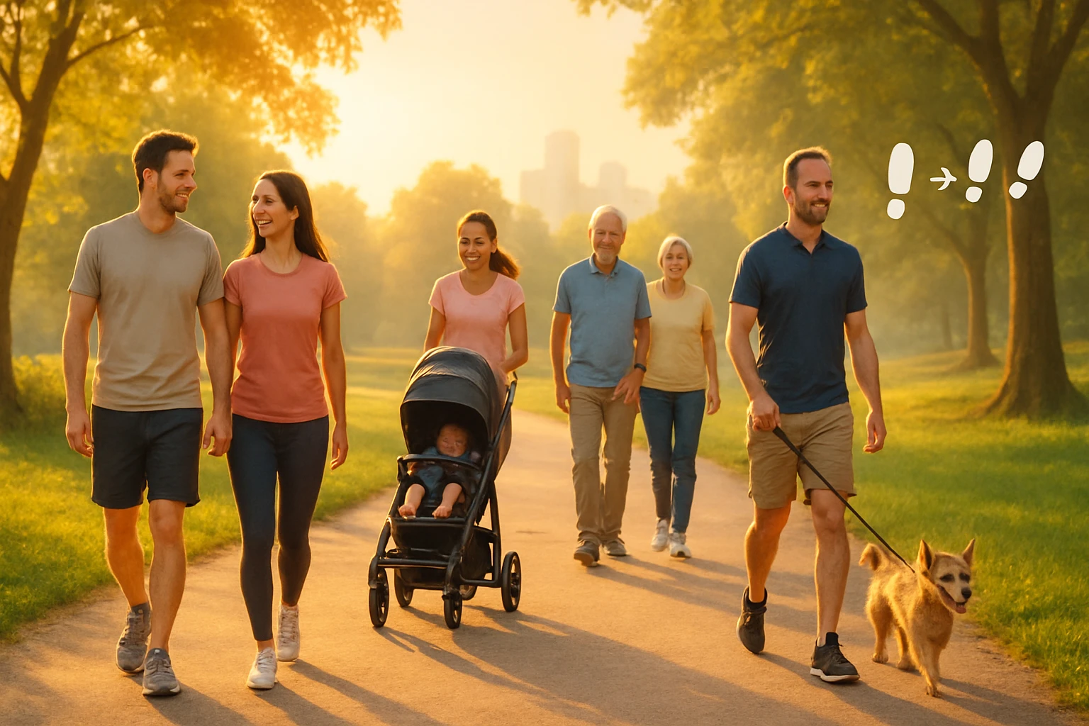 Gyaloglás az egészségért: Lépésről lépésre a jobb közérzet felé 73 Család és barátok sétálnak a parkban, babakocsival és kutyával.