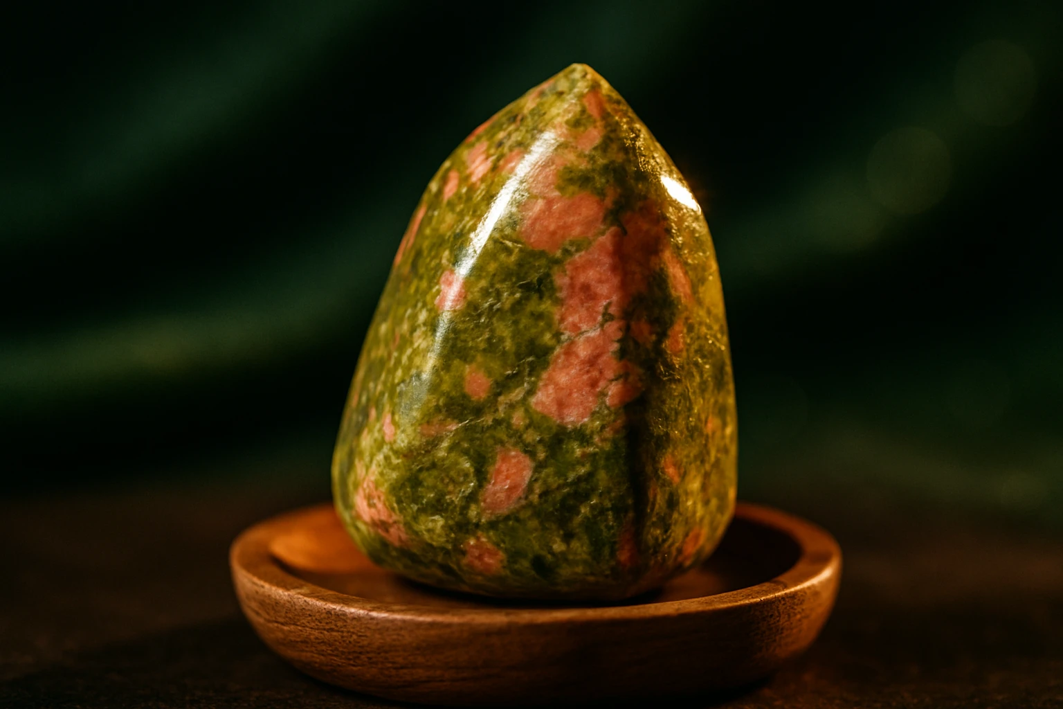 Zöld és rózsaszín színű, csiszolt kő egy fából készült tányéron.