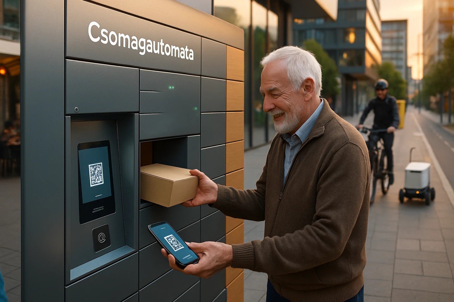 Idős férfi csomagot vesz ki egy modern csomagautomatából, miközben okostelefonját használja.