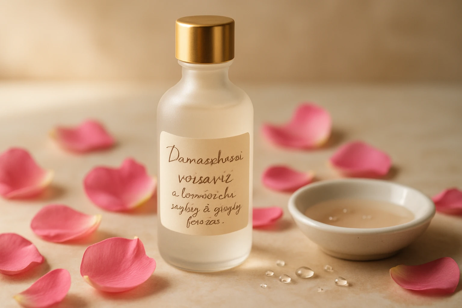 Damaszkuszi rózsavíz – a természetes szépség és egészség forrása 6 Egy üveg damaszkuszi rózsavíz, rózsaszín szirmokkal és egy kis tálkával.