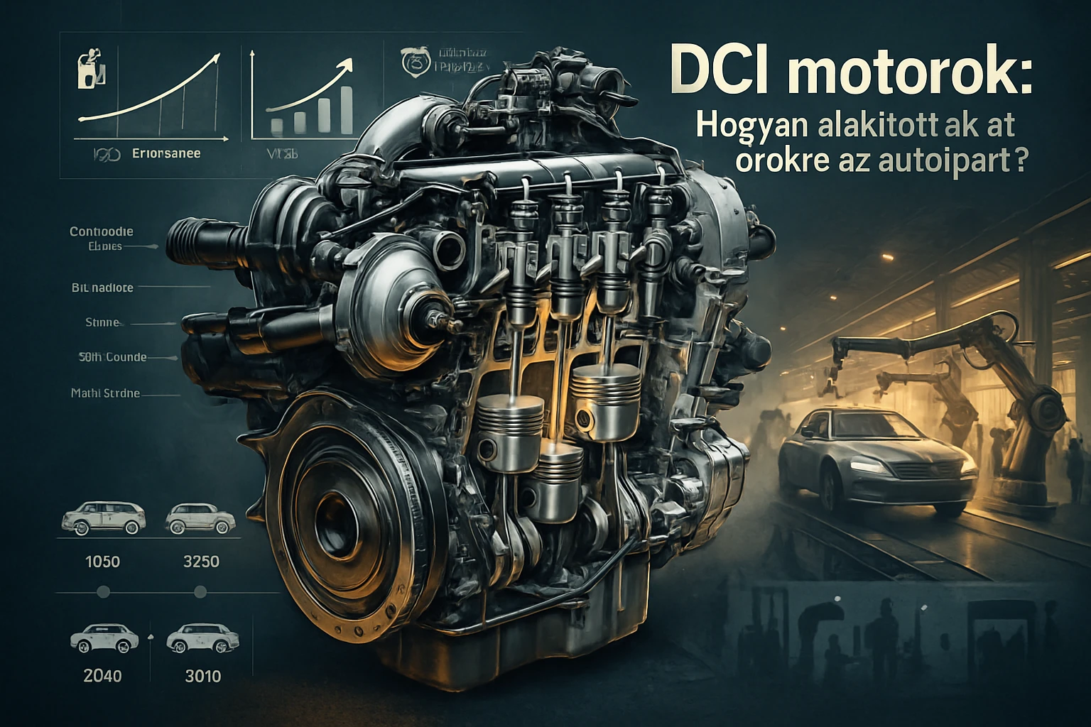Egy DCI motor részletes ábrázolása, háttérben autógyártási folyamatokkal.