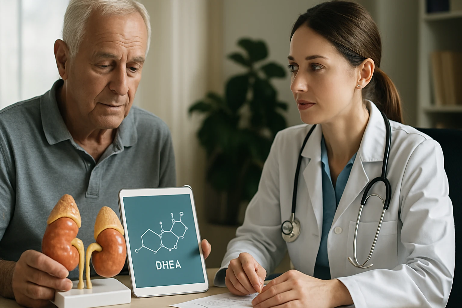 DHEA hormon – előnyei, kockázatai és szerepe a szervezetben 2 Idős férfi és orvos beszélget a DHEA hormonról, miközben vesemodellt mutat.