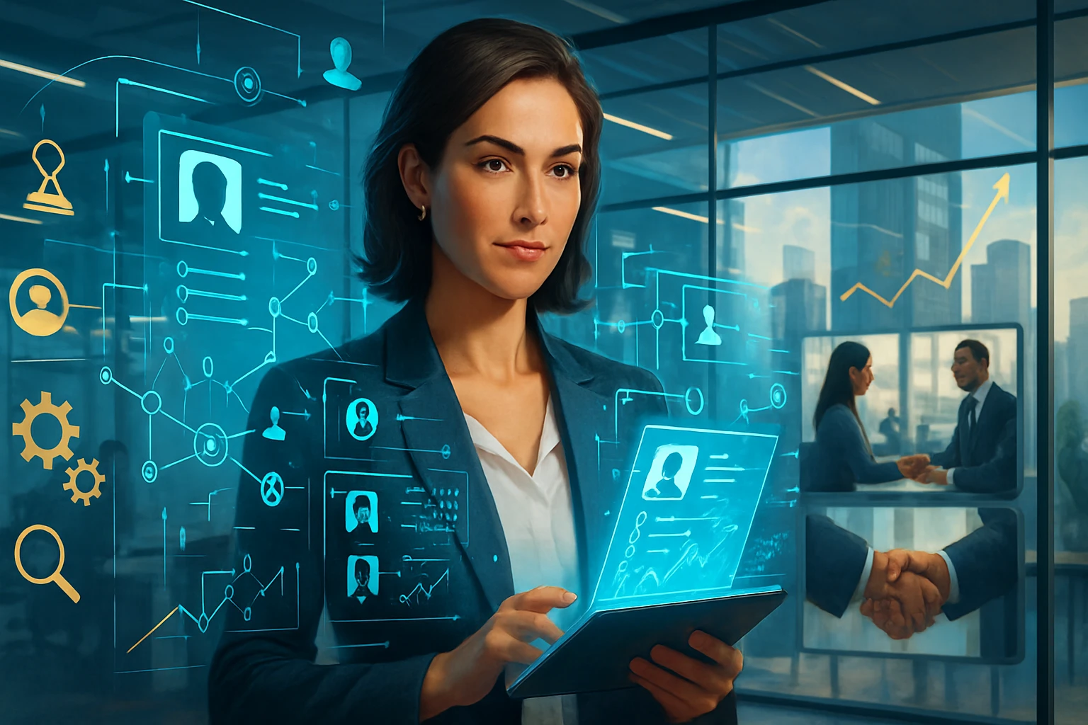Fejvadászok nyomában: Hogyan alakítják át a munkaerőpiacot a toborzó cégek? 2 Egy nő egy laptopot használ, miközben digitális adatok és grafikonok jelennek meg körülötte.