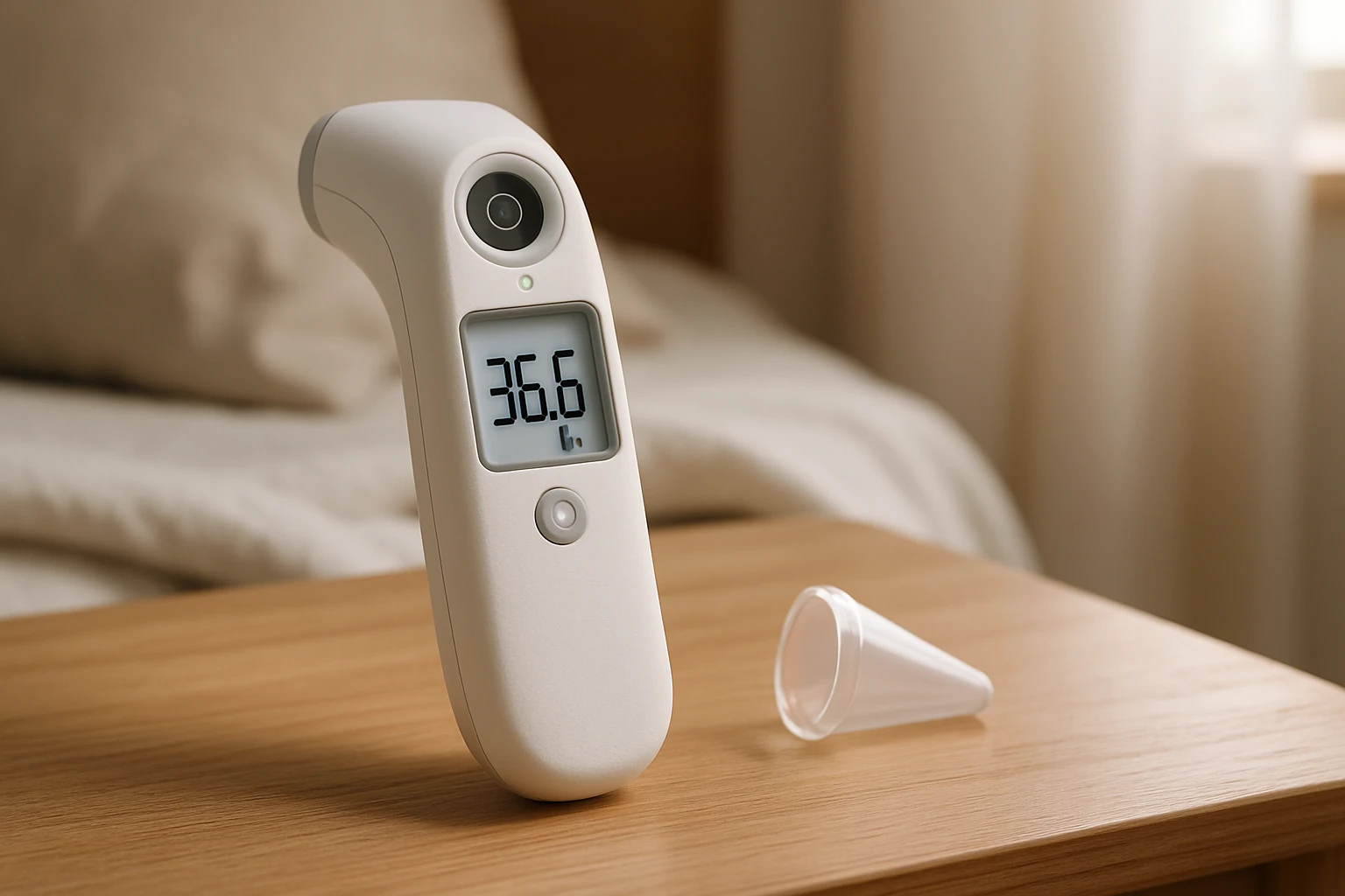 Elektromos lázmérő: Gyors, pontos és higiénikus mérés otthon 18 Egy digitális hőmérő, amely 36,6 °C-ot mutat, egy fa asztalon.