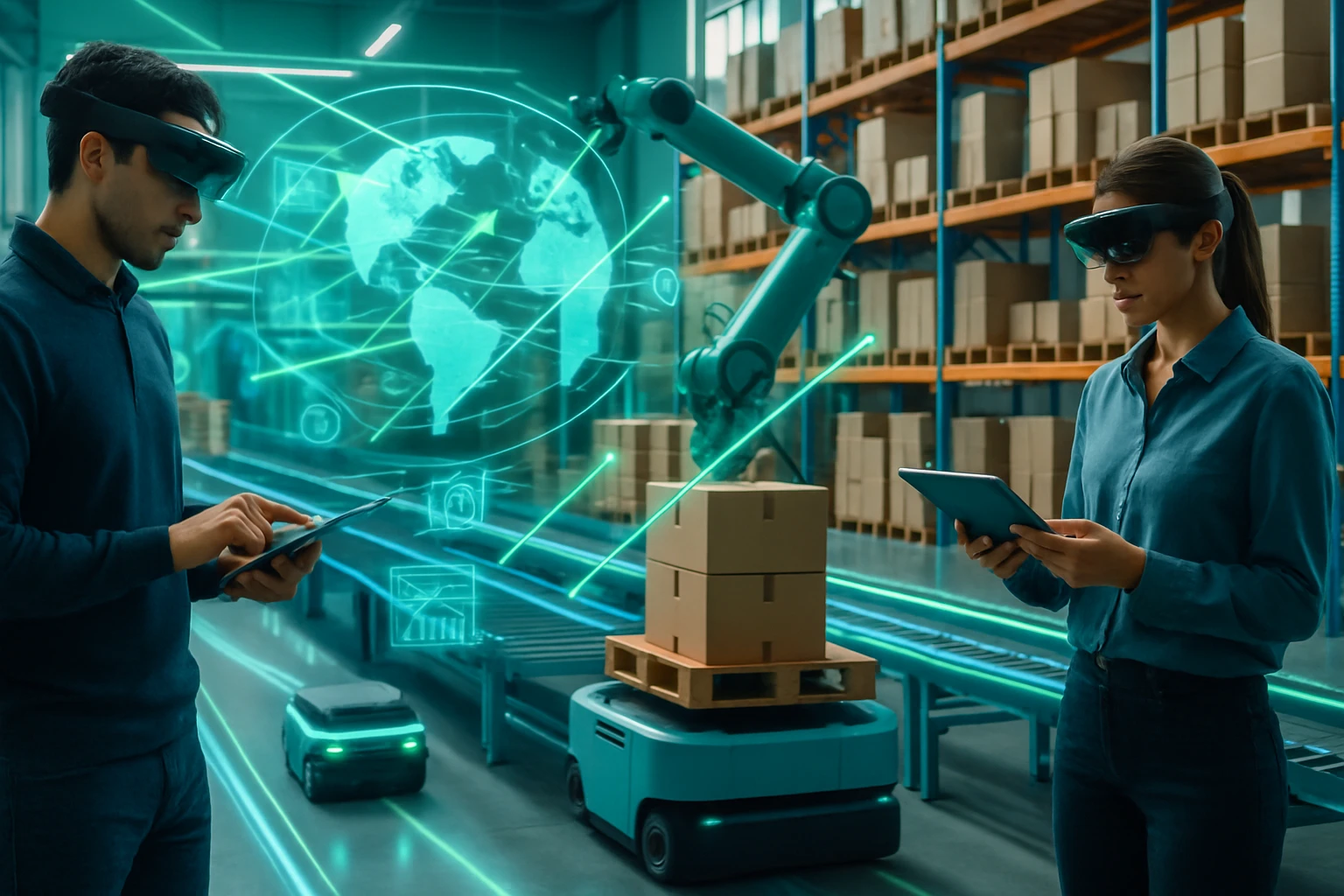 Logisztika optimalizálása – hogyan lesz gyorsabb és hatékonyabb a beszerzési lánc 2 Két munkás okosszemüveget visel, miközben egy raktárban dolgoznak, digitális térképpel és robotokkal.