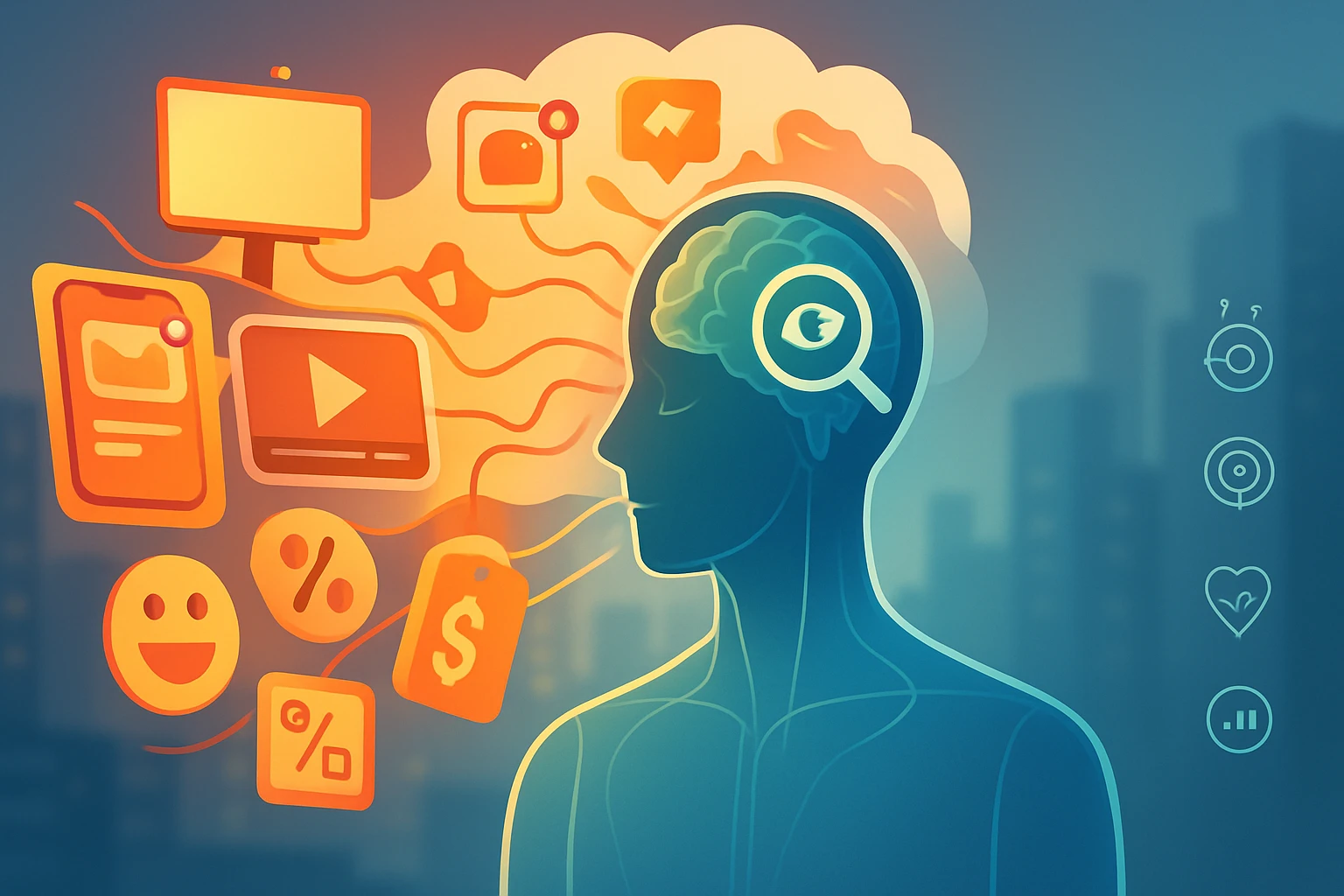 Reklámhatás tudatosan: Hogyan befolyásolják döntéseidet a hirdetések? 33 Egy emberi sziluett, amelynek agyából digitális ikonok áramlanak, mint például képernyők és érzelmek.