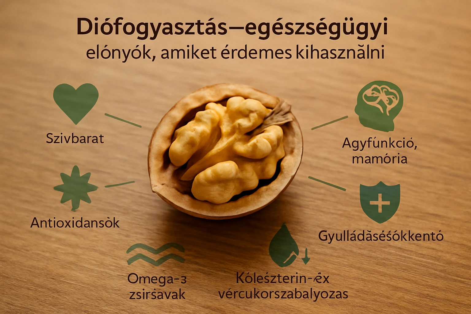 Diófogyasztás – egészségügyi előnyök, amiket érdemes kihasználni 10 Egy fél dió látható, mellette az egészségügyi előnyöket bemutató ikonokkal.