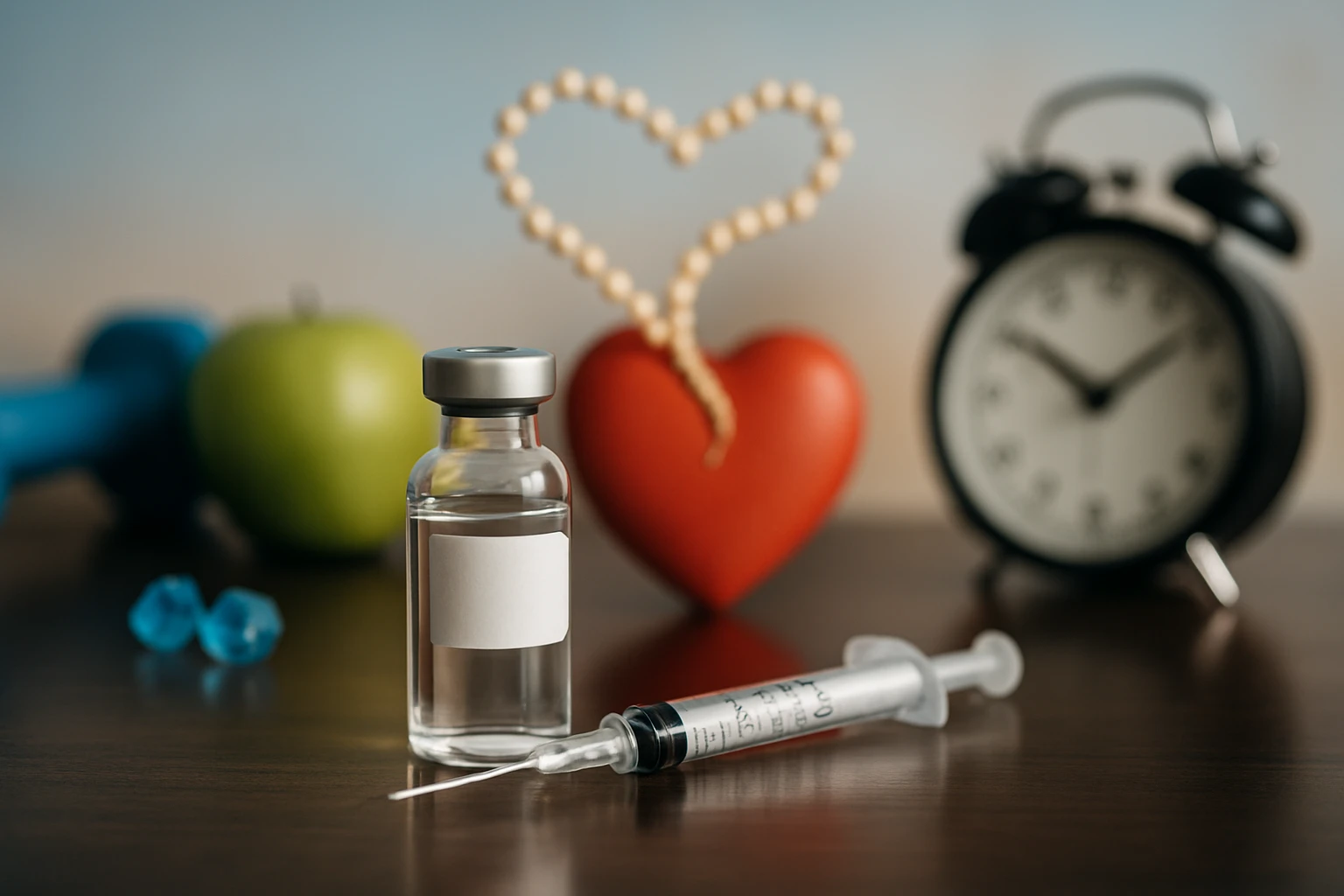 Inzulin – életünk édes szabályozója 4 Egy üveg oltóanyag, fecskendő és egészséges ételek, mint zöld alma, edzőeszközök mellett.