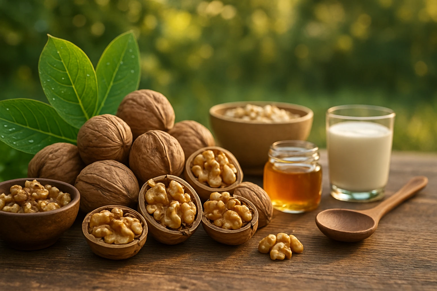 Dió a mindennapi egészségért: Tápanyagbomba a természetből 4 Diófélék, méz és tej egy rusztikus asztalon, zöld háttérrel.