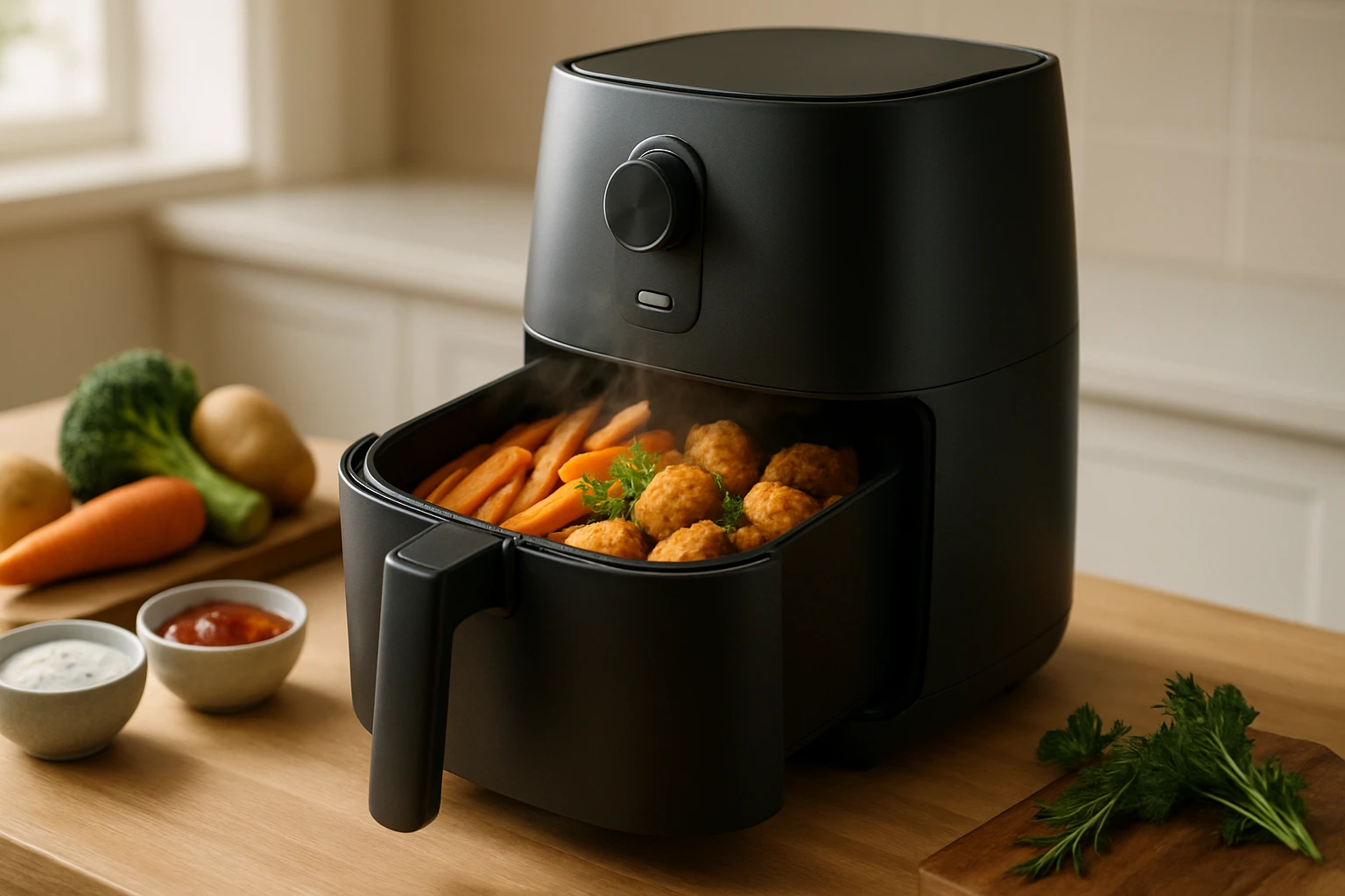 Fekete fritőz zöldségekkel és húsgombócokkal, gőzölögve.