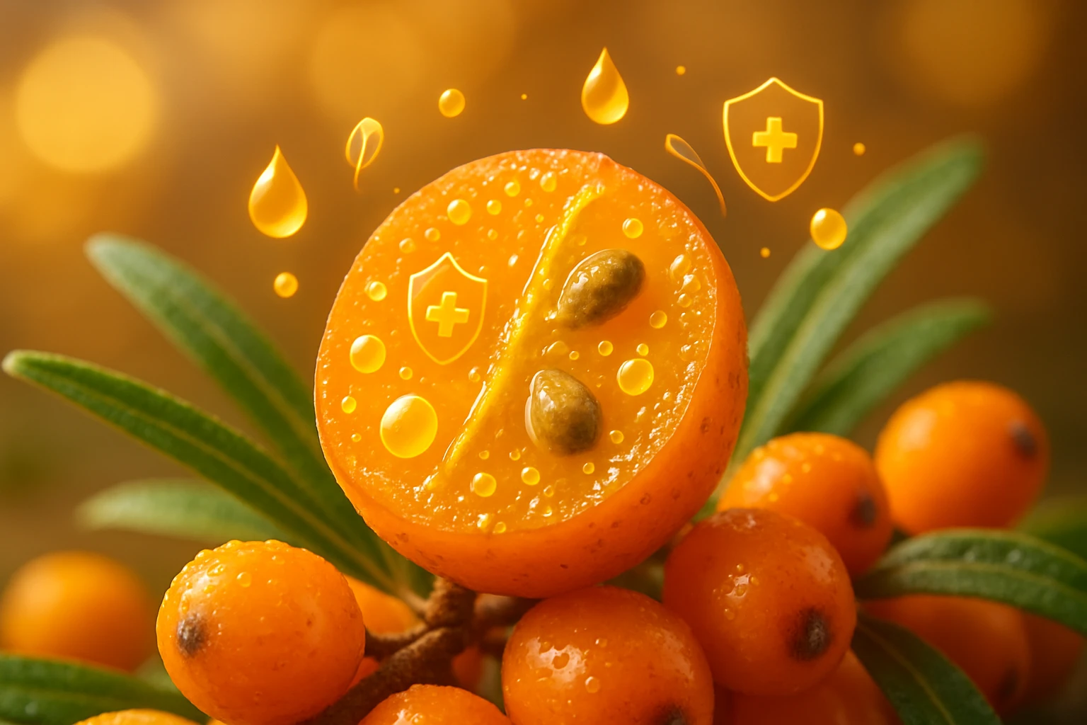 Friss, cseppentő vízzel borított sárga gyümölcs, zöld levelekkel.