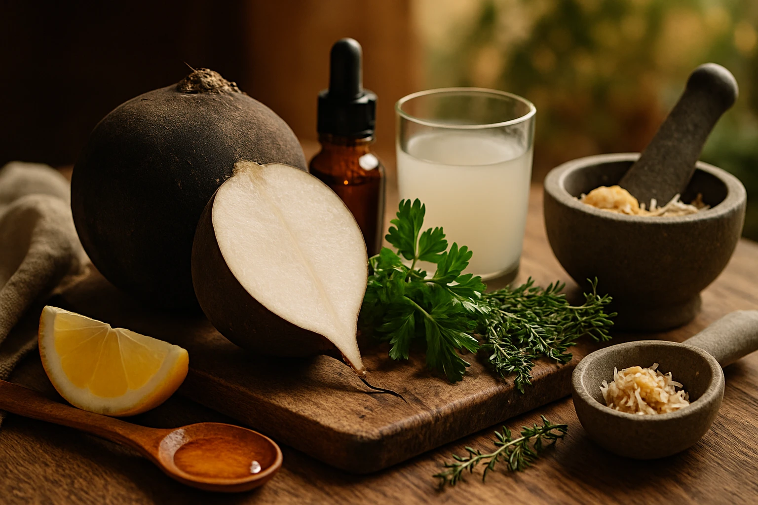 Fekete retek – természetes gyógymód a méregtelenítés és immunerősítés szolgálatában 4 Fekete retek, citrom, gyógynövények és ital egy fa deszkán.